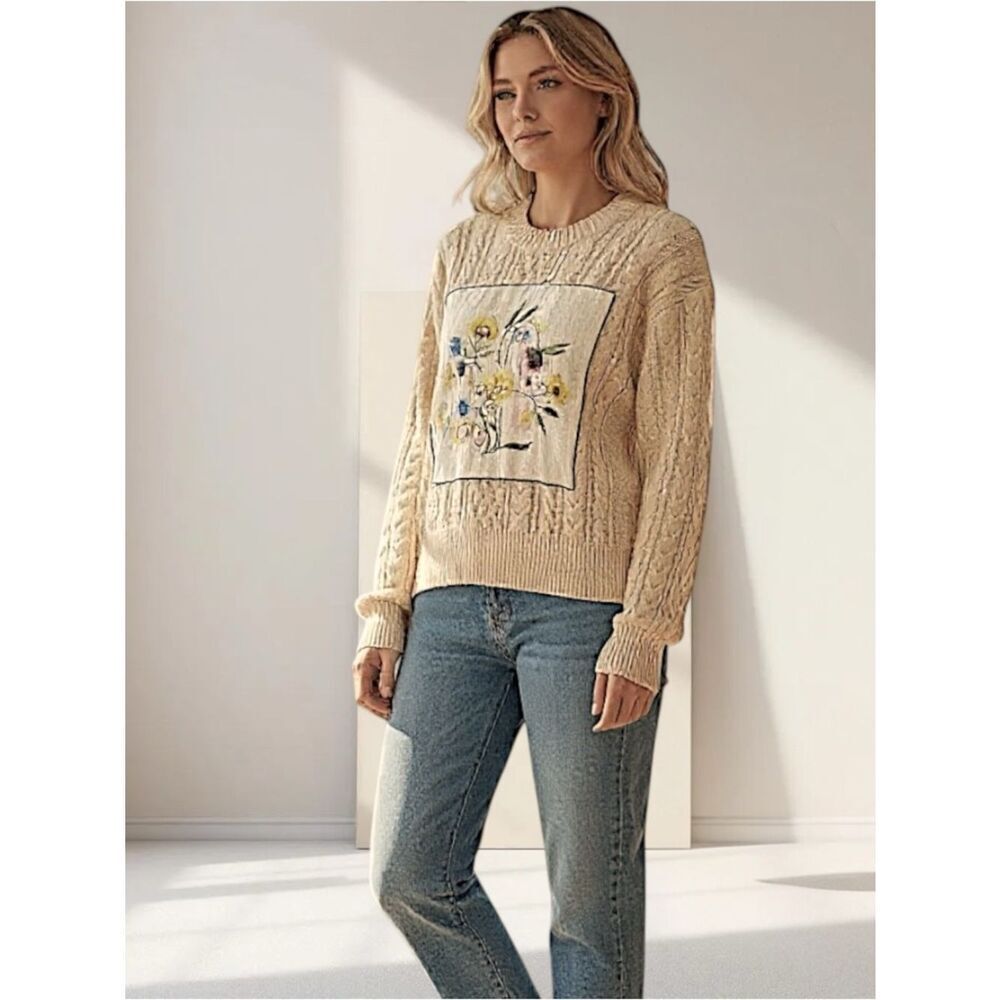 POL Cableknit ButterYellow Floral Embroidered Placket Cotton New Sweater NWOT S
